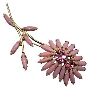 Vintage Pink Rhinestone Flower Brooch Floral Gold Tone Long Stem Pin Costume Jew